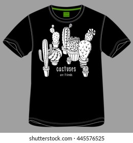 T-shirt with images of a Cacti on black background. Vector black and white illustration.