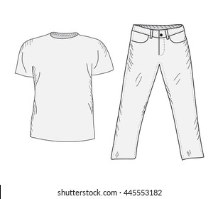 T-shirt and jeans sketch set. Things in the style of hand drawing. Clothing casual style.  mockup. Vector illustration
