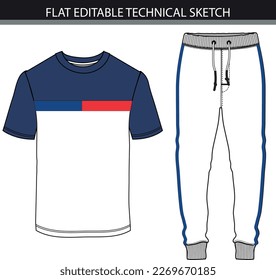 T-shirt with jogger set flat editable technical sketch vector file