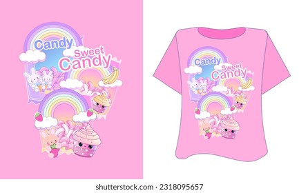 t-shirt Kids design vector kawaii stile, rainbow print for textile cloth , kids fashion print with Candy, cupcakes, strawberry, bunny.