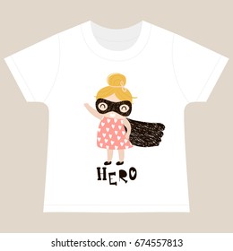 T-shirt kids print template. Baby girl hero character.Vector Illustration