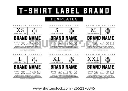 T-Shirt Label Design Templates. Apparel Tags with Sizing and Washing Instructions for Fashion Brands