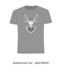 T-shirt layout with Deer from triangles, stylish geometric square vector illustration in gray. Men's t-shirt template.