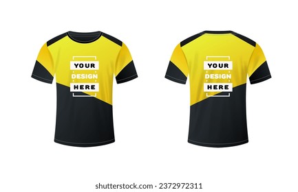 T-shirt layout. Flat, black yellow, t-shirt for your design, t-shirt mockup, clothing layout, your design here. Vector illustration