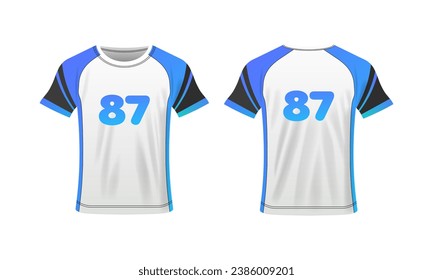 T-shirt layout. Flat, color, t-shirt mockup, sports t-shirt mockup with number 87. Vector icons