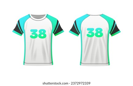 T-shirt layout. Flat, color, t-shirt for your design, 38 number, t-shirt mockup, your design here, clothing layout. Vector illustration