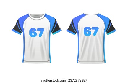 T-shirt layout. Flat, color, t-shirt for your design, 67 number, t-shirt mockup, clothing layout, your design here. Vector illustration