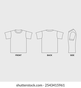 Maqueta del arte de la línea de la camiseta, vista posterior delantera masculina de la Plantilla del Vector de la camiseta. Diseño de ropa en blanco para hombres, ropa deportiva, ropa casual