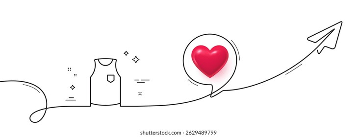 T-shirt line icon. Continuous line with share plane. Sleeveless Tee shirt wear sign. Fabric sport clothes symbol. 3d heart in speech bubble. T-shirt single line ribbon. Loop curve pattern. Vector