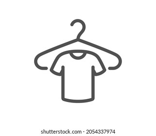 T-shirt line icon. Tee shirt with hanger sign. Fabric sport wear symbol. Quality design element. Line style t-shirt icon. Editable stroke. Vector