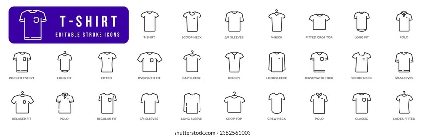 T-shirt line icons set. Collection of tshirt. Sim, fitted, long, relaxed, v-neck etc. Editable stroke