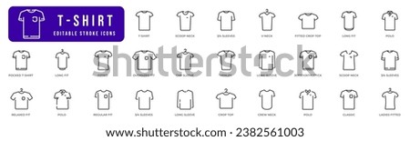 T-shirt line icons set. Collection of tshirt. Sim, fitted, long, relaxed, v-neck etc. Editable stroke