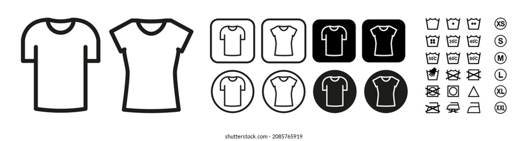 T-shirt line style man woman icon, laundry symbols and sizes isolated on white background in vector format