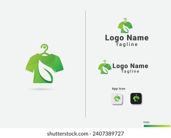 T-shirt logo design with leaf. Clothing shop logo design. Natural leaf vector. T-shirt shop. Clothing business. Green leaf. Icon