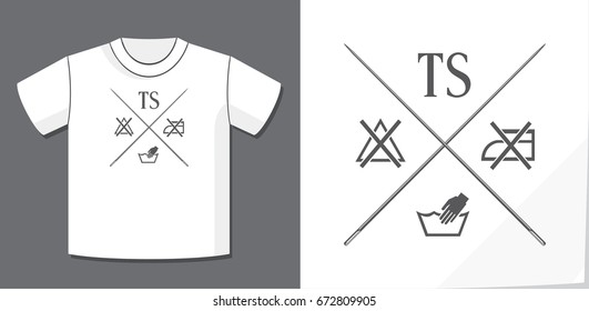 T-Shirt Logo Lettering Creative Concept Depicting Washing Symbols and Crossed Needles with Potential Application on T-Shirt Vector Template - Grey on White Background - Contrast Graphic Design