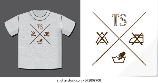 T-Shirt Logo Lettering Creative Concept Depicting Washing Symbols and Crossed Needles with Potential Application on T-Shirt Vector Template - Brown on Heather Grey Background - Contrast Graphic Design