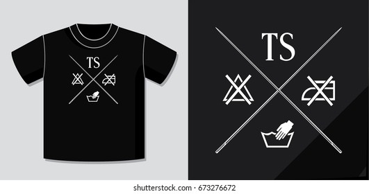 T-Shirt Logo Lettering Creative Concept Depicting Washing Symbols and Crossed Needles with Potential Application on T-Shirt Vector Template - White on Black Background - Contrast Graphic Design