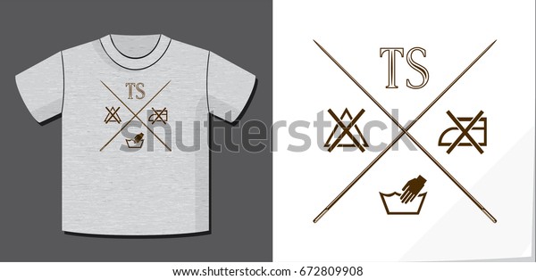 T-Shirt Logo Lettering Creative Concept Depicting\
Washing Symbols and Crossed Needles with Potential Application on\
T-Shirt Vector Template - Brown on Heather Grey Background -\
Contrast Graphic\
Design