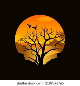 t-shirt logo. silhouette of birds and nature in the afternoon.