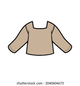 T-shirt with long sleeves and a square neck in basic beige color variation for coloring on a white background