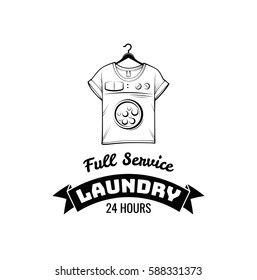 T-shirt machine concept. laundry and dry cleaning badge. Vector illustration isolated on white background