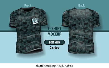 T-shirt for man front and back blue camouflage pattern. Mock-up for double-sided printing, layered and editable.
