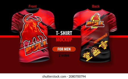 T-shirt for man front and back with Bull on red background. Mock-up for double-sided printing, layered and editable.