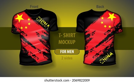 T-shirt for man front and back with China flag. Mock-up for double-sided printing.