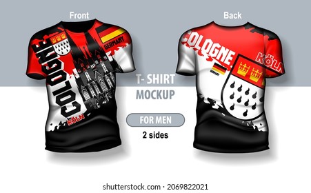 T-shirt for man front and back with Cologne flag and emblem city. Mock-up for double-sided printing.