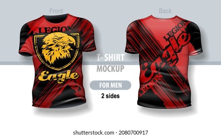 T-shirt for man front and back with Eagle on red background. Mock-up for double-sided printing, layered and editable.