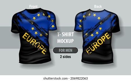 T-shirt for man front and back with Europe Union flag. Mock-up for double-sided printing.