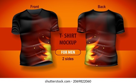 T-Shirt für Mann vorne und hinten mit Feuerflammenhintergrund. Für den doppelseitigen Druck aufrüsten.
