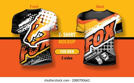 T-shirt for man front and back with Fox team logo. Mock-up for double-sided printing, layered and editable.