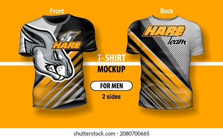 T-shirt for man front and back with Hare team logo. Mock-up for double-sided printing, layered and editable.