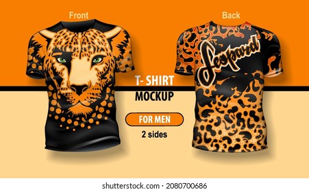 T-shirt for man front and back with Leopard head and skin image. Mock-up for double-sided printing, layered and editable.
