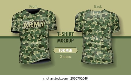 T-shirt for man front and back with Military camouflage pattern. Mock-up for double-sided printing, layered and editable.