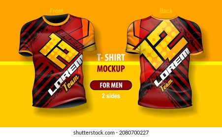 T-shirt for man front and back with race number. Mock-up for double-sided printing, layered and editable.