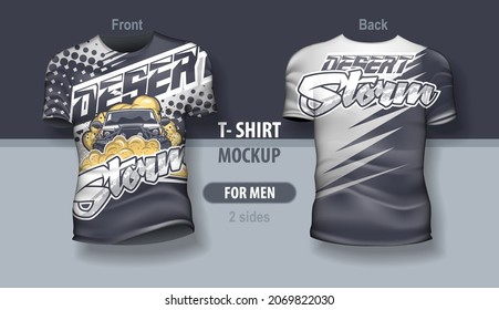 T-shirt for man front and back with SUV in Desert Storm. Mock-up for double-sided printing.