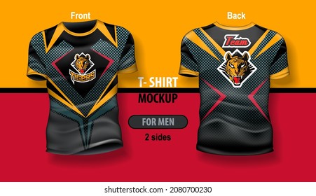 T-shirt for man front and back with team Tiger logo on abstract background. Mock-up for double-sided printing, layered and editable.
