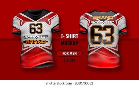 T-shirt for man front and back with team sports uniform. Mock-up for double-sided printing, layered and editable.