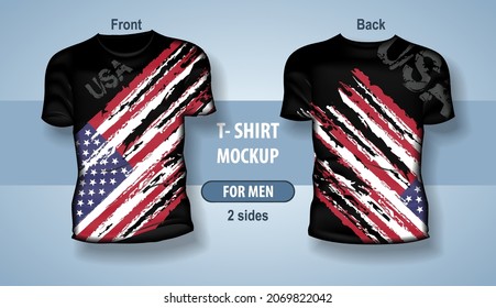 T-shirt for man front and back with USA flag. Mock-up for double-sided printing.
