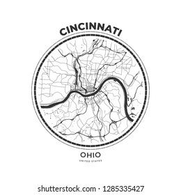 T-shirt map badge of Cincinnati, Ohio. Tee shirt print typography label badge emblem. Vector illustration