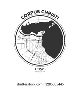 T-shirt map badge of Corpus Christi, Texas. Tee shirt print typography label badge emblem. Vector illustration