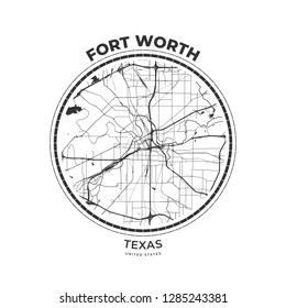 T-shirt map badge of Fort Worth, Texas. Tee shirt print typography label badge emblem. Vector illustration