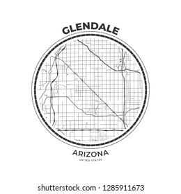 T-shirt map badge of Glendale, Arizona. Tee shirt print typography label badge emblem. Vector illustration