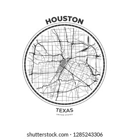 T-shirt map badge of Houston, Texas. Tee shirt print typography label badge emblem. Vector illustration