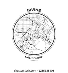 T-shirt map badge of Irvine, California. Tee shirt print typography label badge emblem. Vector illustration