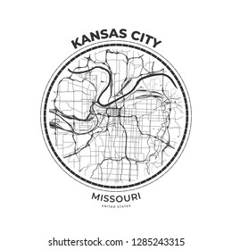 T-shirt map badge of Kansas City, Missouri. Tee shirt print typography label badge emblem. Vector illustration