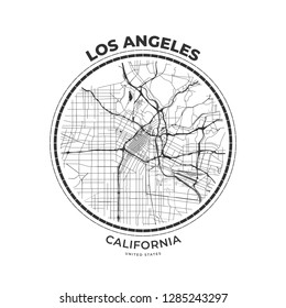 T-shirt map badge of Los Angeles, California. Tee shirt print typography label badge emblem. Vector illustration