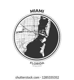 T-shirt map badge of Miami, Florida. Tee shirt print typography label badge emblem. Vector illustration